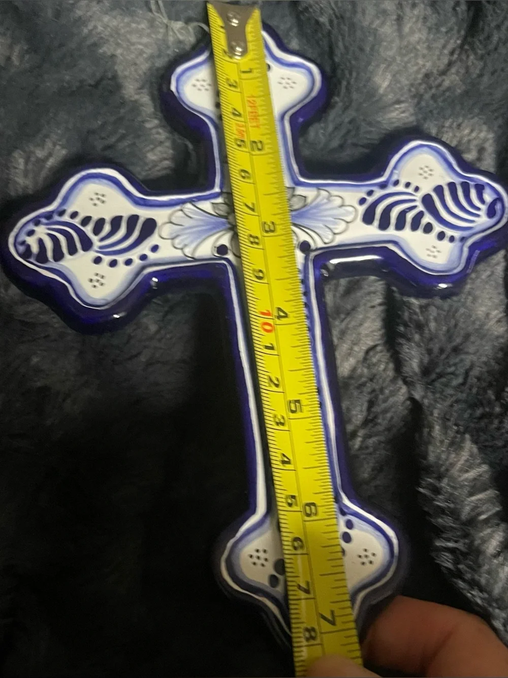 Handcrafted Talavera Ceramic Wall Cross Puebla Mexico Hernandez Blue White 7”